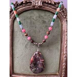 Handmade Gemstone Necklace Teardrop Jasper Stone Pendant Multicolor Beads Boho